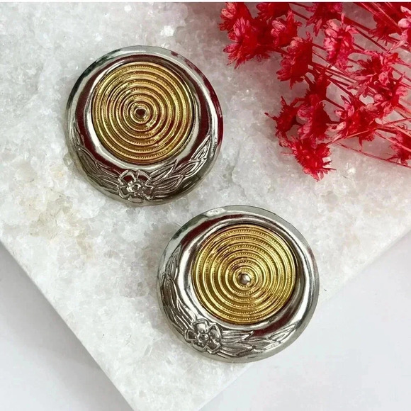 Vintage Dual Gold & Silver Toned 80's  Circular / Round Bullseye Stud Earrings - Picture 1 of 6
